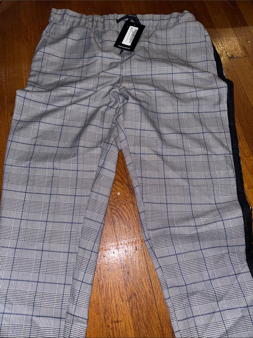 Boohoo Mens Gray Plaid Joggers with Black Side Stripe